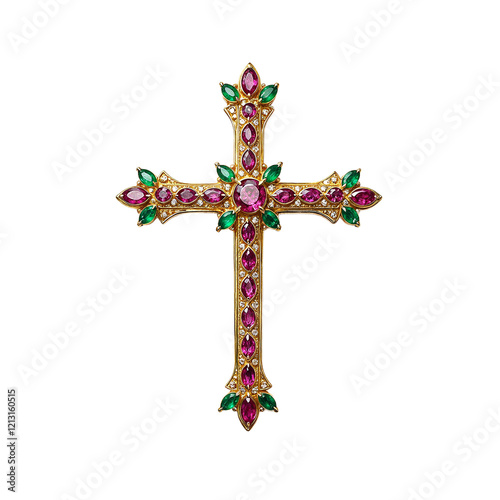 Bejeweled cross with emeralds and rubies on white backdrop