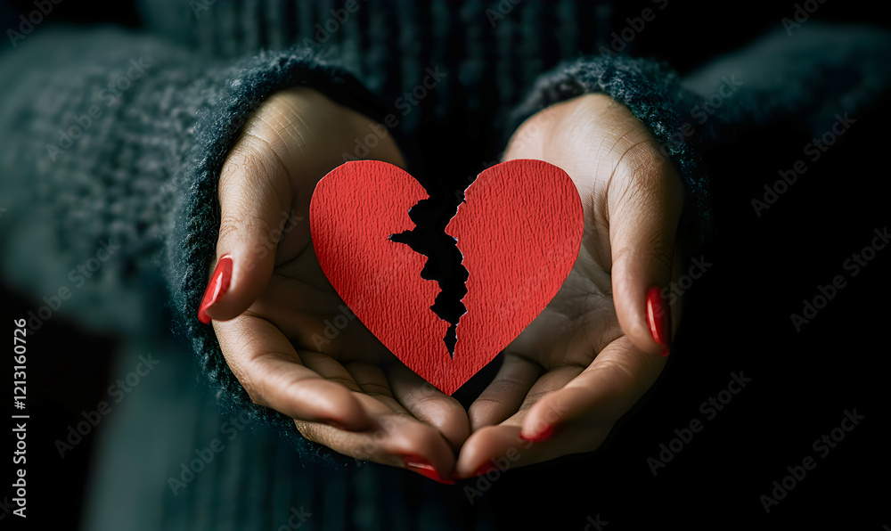 Paper heart broken in half. Close-up of a woman's hands holding a broken heart in half. Concept of a broken female heart. Paper heart broken in half. Close-up of a woman's hands holding a broken heart in half. Concept of a broken female heart.