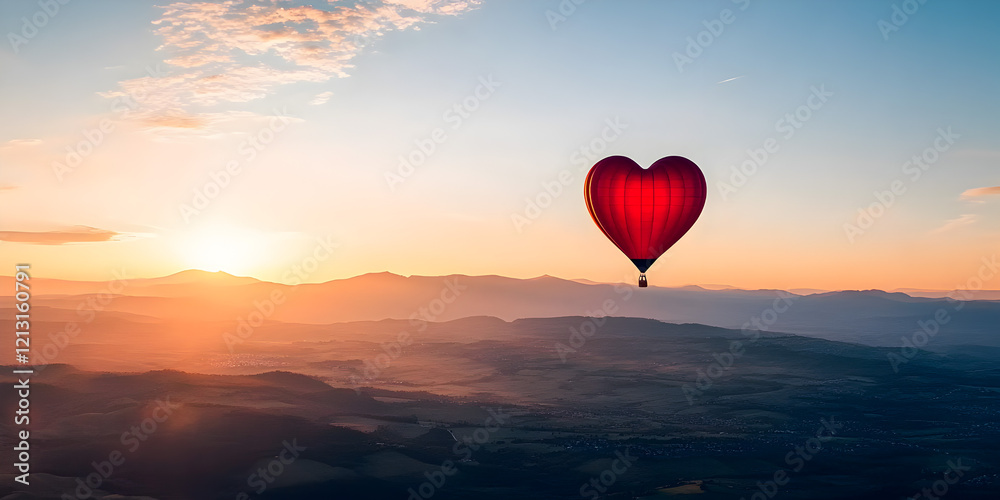 Fototapeta premium A heart-shaped balloon in the sky, floating above a beautiful landscape, in sunny weather. A romantic date in a hot air balloon. Concept romance date.