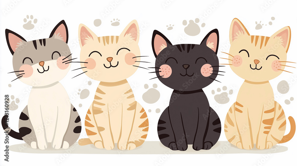 Fototapeta premium Four adorable kittens sitting together, smiling happily.