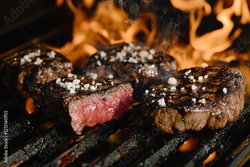 Close-up of juicy steaks searing on a barbecue grill, with flames rising and smoke swirling as they cook. The sizzling sound fills the backyard air, creating a mouthwatering atmosphere photo