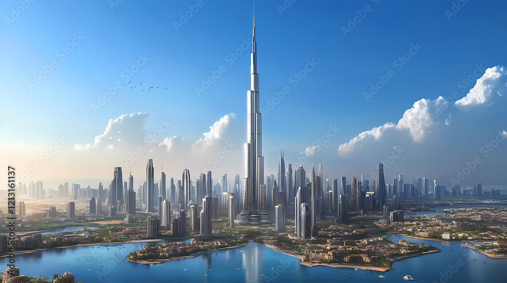 Obraz premium Aerial view of towering skyscrapers against a clear blue sky. Zenith Tower. Illustration