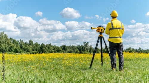 Surveyor using equipment in a field, sunny day