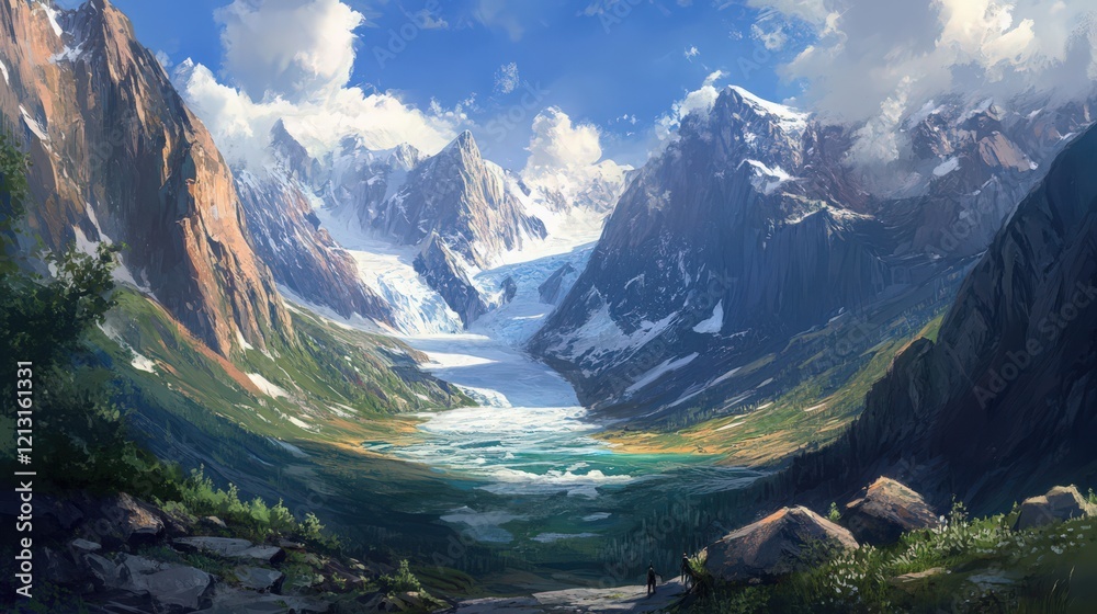 Fototapeta premium Majestic Mountain Valley with Glacier and Two Figures in Distant Foreground