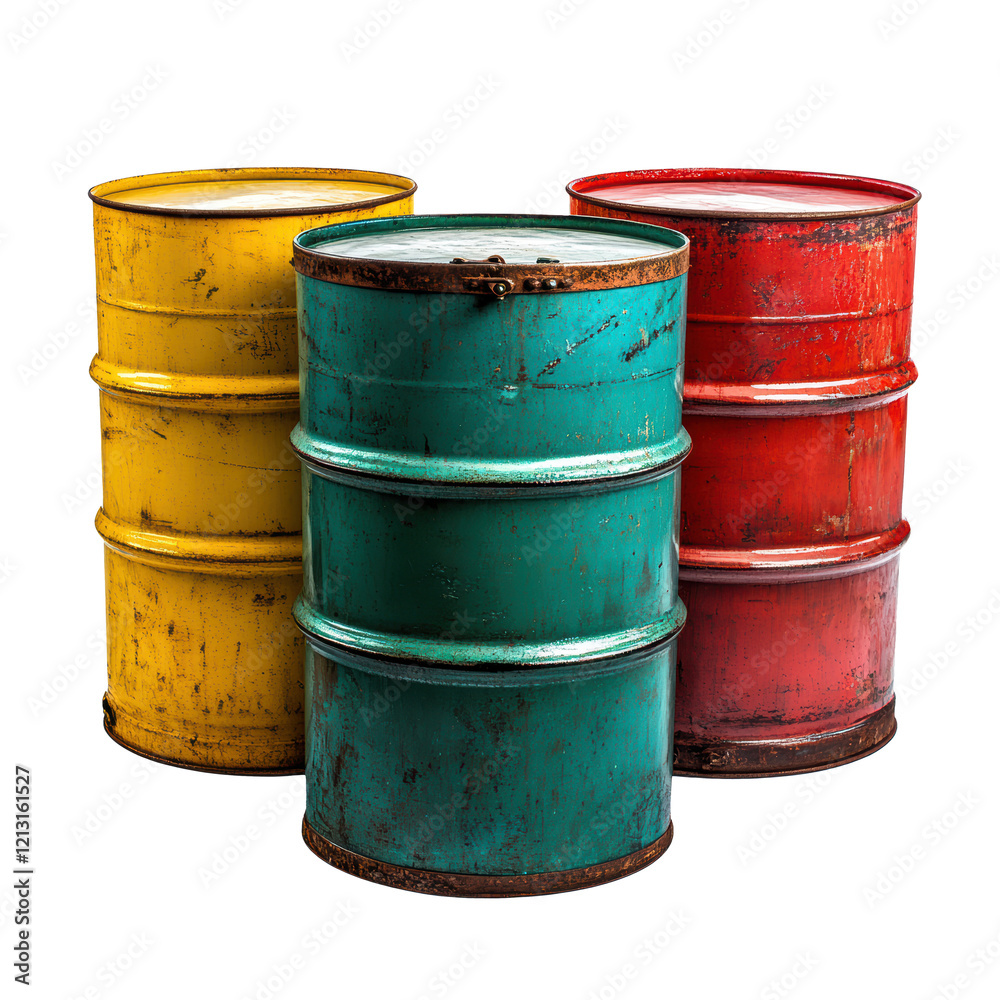 Colorful metal oil barrels isolated on transparent background 