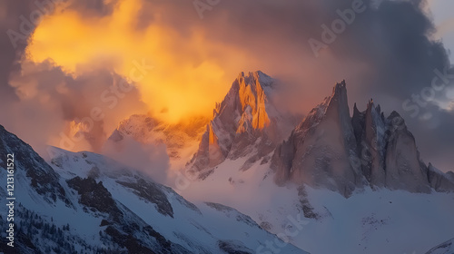 Dramatic sunrise sets clouds aflame with golden light above rugged snowy mountain peaks. Zenith Tower. Illustration