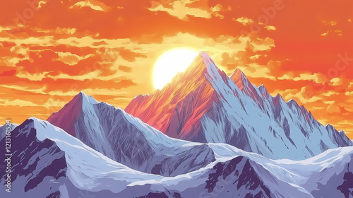 Dramatic sunrise sets clouds aflame with golden light above rugged snowy mountain peaks. Zenith Tower. Illustration