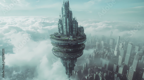 Floating city council zenith vista: futuristic city suspended in the sky, towering architecture, panoramic views, elevated perspective, utopian society. Zenith Tower. Illustration