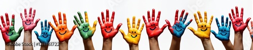 Colorful child hands raised in air. Hands painted with bright colors, smiley faces. Indoor scene suggests art lesson creative play. Kids enjoy painting, expressing creativity. Happy, joyful scene.