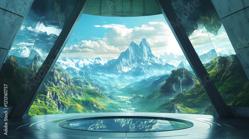 In an ultramodern observatory, a supernatural scene showcases a breathtaking mountain landscape with towering peaks and lush valleys. Zenith Tower. Illustration