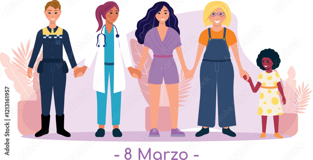 8 marzo día de la mujer, Grupo de mujeres diverso con diferentes edades, culturas y profesiones, unidas de la mano