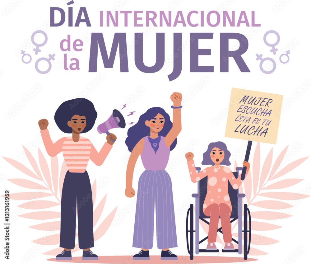 Poster día internacional de la mujer con mujeres que marchan con pancartas de protesta y puño alzado Poster día internacional de la mujer con mujeres que marchan con pancartas de protesta y puño alzado