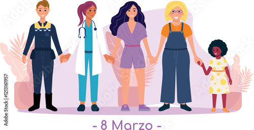 8 marzo día de la mujer, Grupo de mujeres diverso con diferentes edades, culturas y profesiones, unidas de la mano