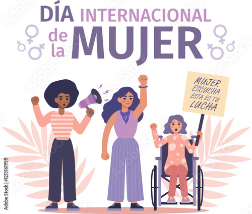 Poster día internacional de la mujer con mujeres que marchan con pancartas de protesta y puño alzado