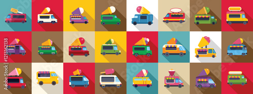 Ice cream truck icons set. Ice cream food trucks selling refreshing treats on a hot summer day