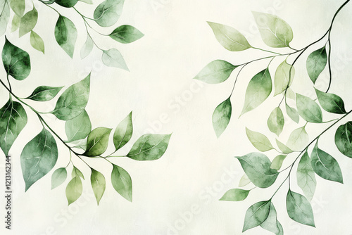 Soft eco-inspired pattern with watercolor leaves and vines in pastel greens on a light beige background for artistic decor