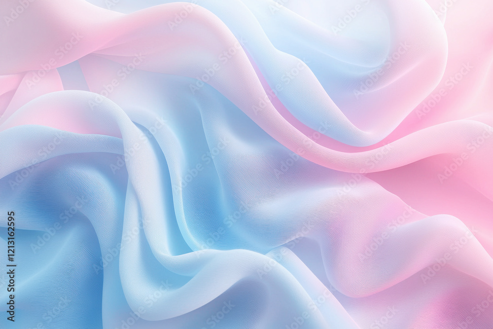 Fototapeta premium Soft gradient pattern transitions from pale pink to baby blue on a clean white backdrop, displaying flowing forms with a gentle appearance