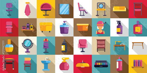 Beauty salon interior icons set. Colorful set of beauty salon and hairdressing accessories and furniture icons with long shadow