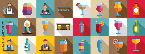 Bartender making cocktail icons set. Flat icon set representing bartenders preparing cocktails and drinks in a bar