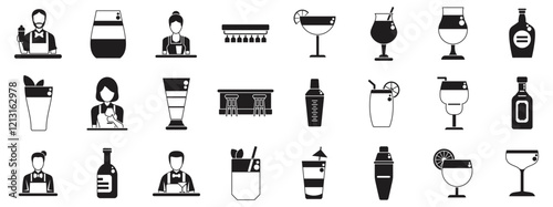 Bartender making cocktail icons set. Bar counter with bartenders mixing drinks, glasses, bottles, and shaker icons set