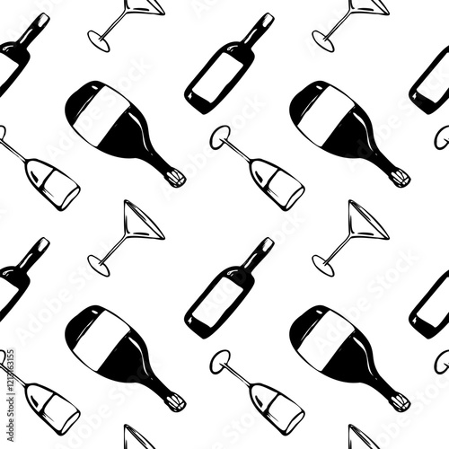 Hand drawn dinner vector set with bottles and glasses. illustration in a sketch whimsical line art style. bold outlines and minimal details. for menus, branding, packaging, social media, and decor