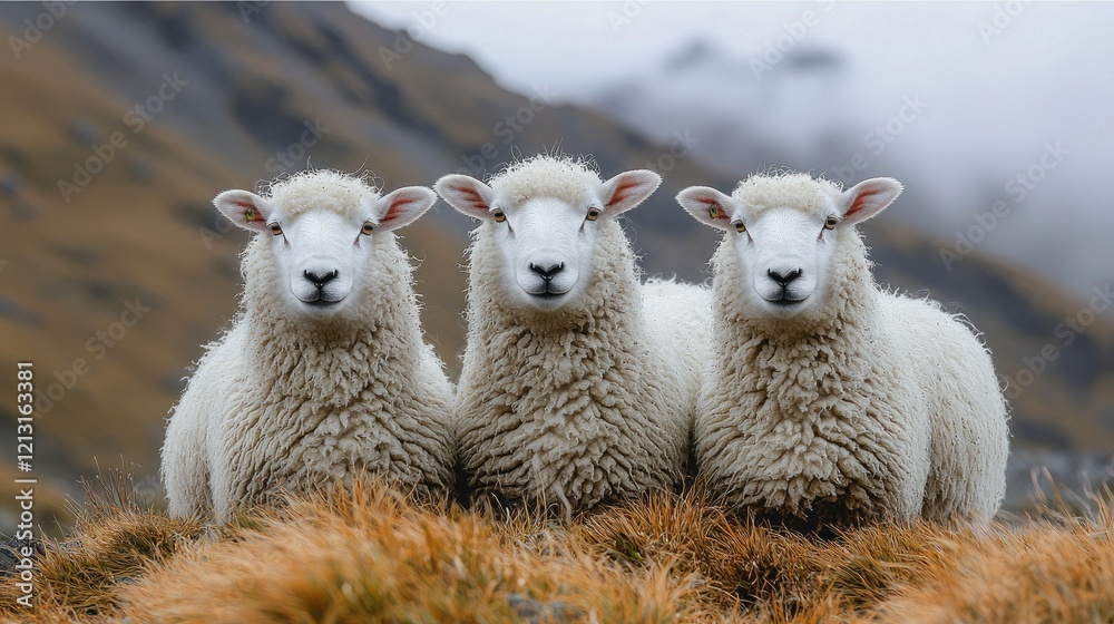 Fototapeta premium Three Fluffy Sheep Sitting Together In Grass