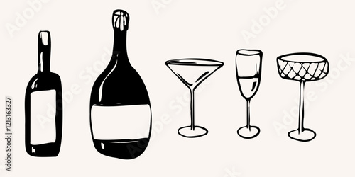 Wallpaper Mural Hand drawn dinner vector set with bottles and glasses. illustration in a sketch whimsical line art style. bold outlines and minimal details. for menus, branding, packaging, social media, and decor Torontodigital.ca