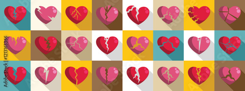 Cracked heart icons set. Collection of diverse broken heart icons symbolizing heartbreak, separation, and emotional pain