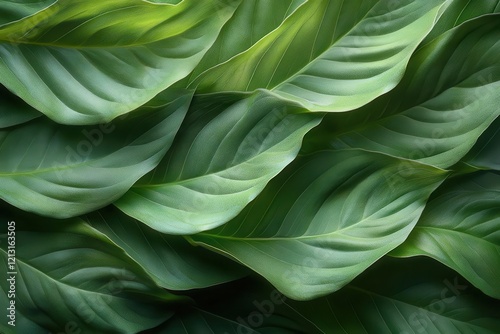 lush spathiphyllum cannifolium leaves create an abstract green texture in a tranquil garden setting their deep tones and natural forms inviting serenity and a connection to natures beauty photo