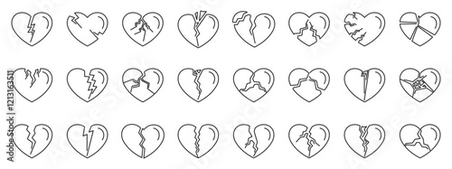 Cracked heart icons set. Collection of broken heart icons symbolizing heartbreak, loss, and emotional pain