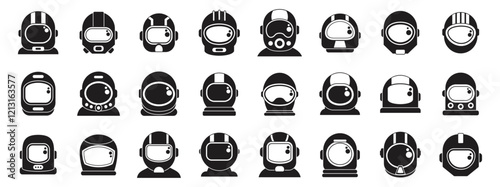 Cosmonaut helmet icons set. Collection of astronaut helmets showcasing diverse designs for space travel and futuristic protective gear