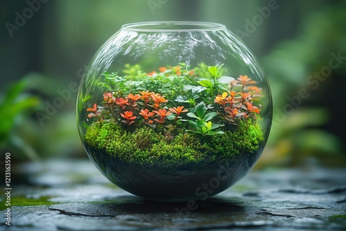 lush terrarium ecosystem in glass sphere miniature rainforest with moss and tiny plants sustainable microcosm