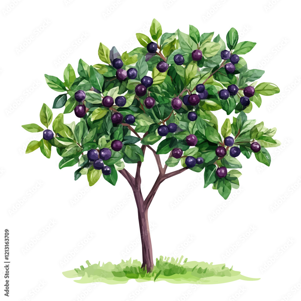 Fototapeta premium Chokecherry Tree with Fruit – Elegant Watercolor Vector Illustration, Berry-Laden Tree Design, Nature-Inspired Artwork, Fresh Chokecherry Tree with Fruit Vector. 