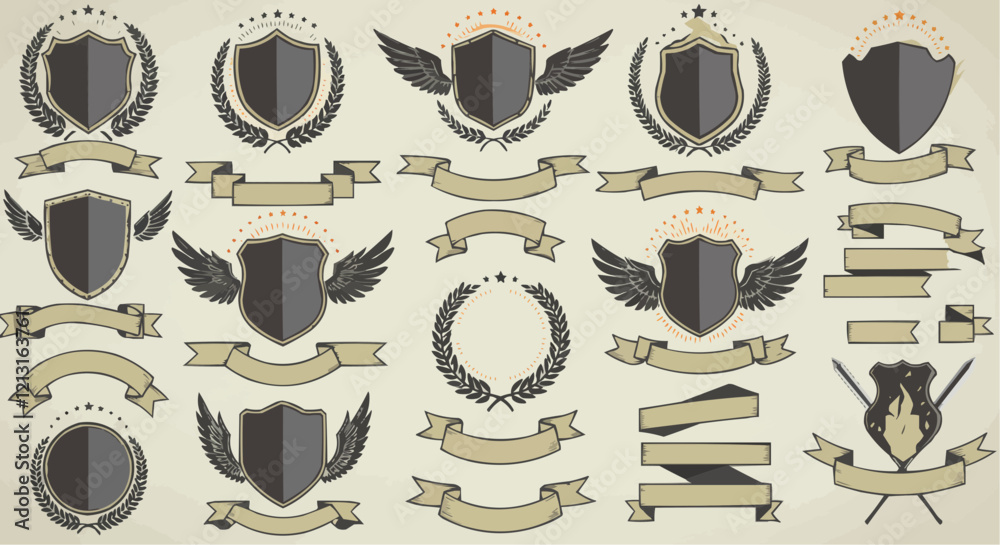 Laurel wreath , shield , wing , ribbon , and banners vector set . Laurel wreath s, shield s, wing s, ribbon s illustration for awards , heraldry , logos , badges , and branding designs Laurel wreath , shield , wing , ribbon , and banners vector set . Laurel wreath s, shield s, wing s, ribbon s illustration for awards , heraldry , logos , badges , and branding designs