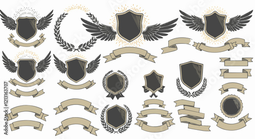 Laurel wreath , shield , wing , ribbon , and banners vector set . Laurel wreath s, shield s, wing s, ribbon s illustration for awards , heraldry , logos , badges , and branding designs