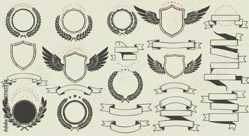 Laurel wreath , shield , wing , ribbon , and banners vector set . Laurel wreath s, shield s, wing s, ribbon s illustration for awards , heraldry , logos , badges , and branding designs