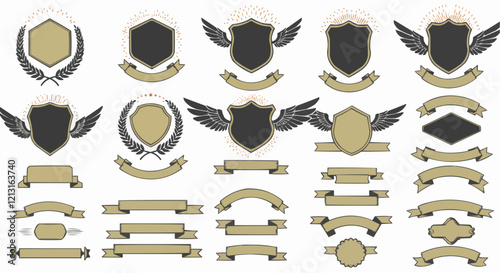 Laurel wreath , shield , wing , ribbon , and banners vector set . Laurel wreath s, shield s, wing s, ribbon s illustration for awards , heraldry , logos , badges , and branding designs