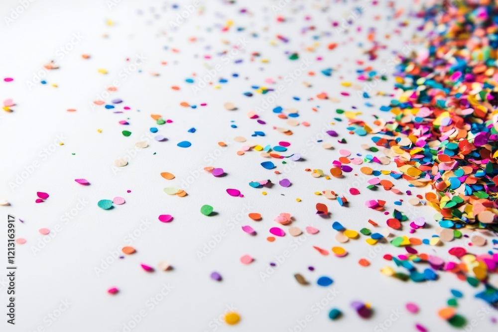 Brightly colored confetti is spread out on a pristine white background, ideal for events like parties and celebrations, enhancing the festive atmosphere beautifully. With copy space for text Brightly colored confetti is spread out on a pristine white background, ideal for events like parties and celebrations, enhancing the festive atmosphere beautifully. With copy space for text