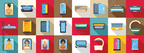 Woman solarium icons set. Solarium equipment and women tanning, using different types of apparatus for sunbathing