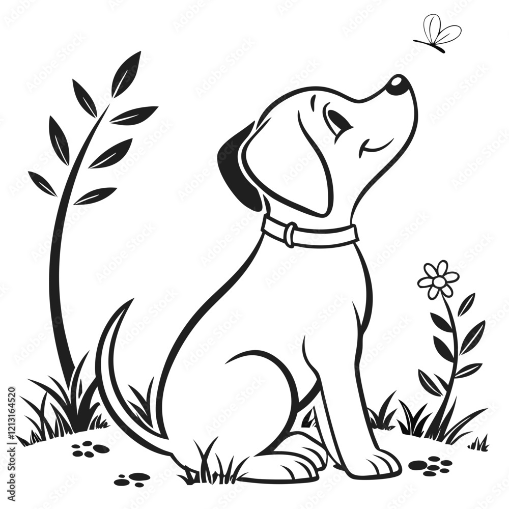 Obraz premium Cute dog sitting, black outline, monochrome vector.