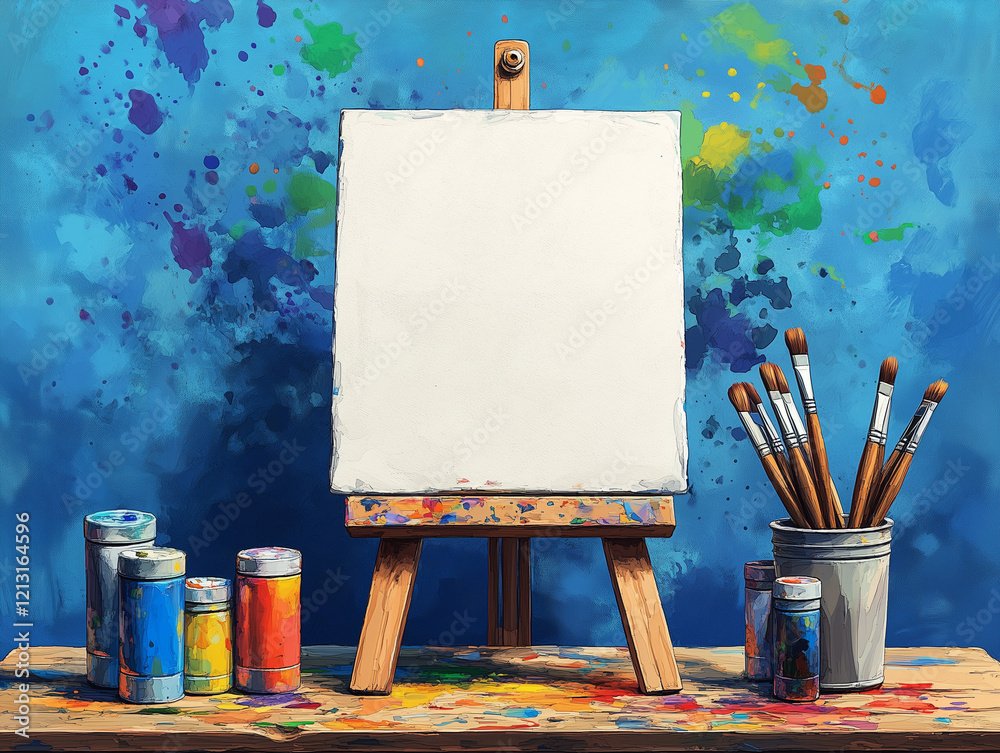 Painting tools elements cartoon colorful vector concept. Art supplies: easel, canvas, paint tubes, brushes, watercolor splash background. Drawing creative materials illustration for workshops designs