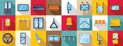 Bus interior icons set. Flat vector illustration set of various public transport interior elements like seats, doors, windows, handles, handrails and steering wheel