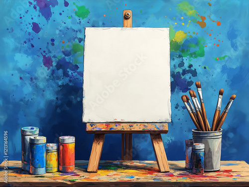 Obraz na płótnie Painting tools elements cartoon colorful vector concept. Art supplies: easel, canvas, paint tubes, brushes, watercolor splash background. Drawing creative materials illustration for workshops designs w salonie