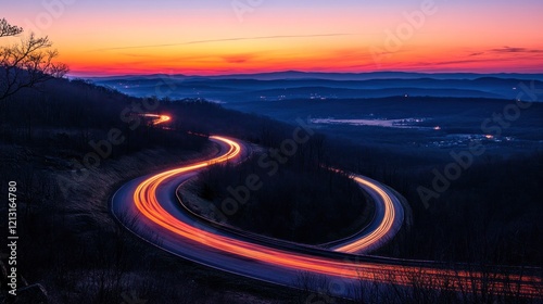 A breathtaking aerial view of a winding road at twilight, with the warm sunset illuminating one side of the landscape and the cold hues of night filling the other 