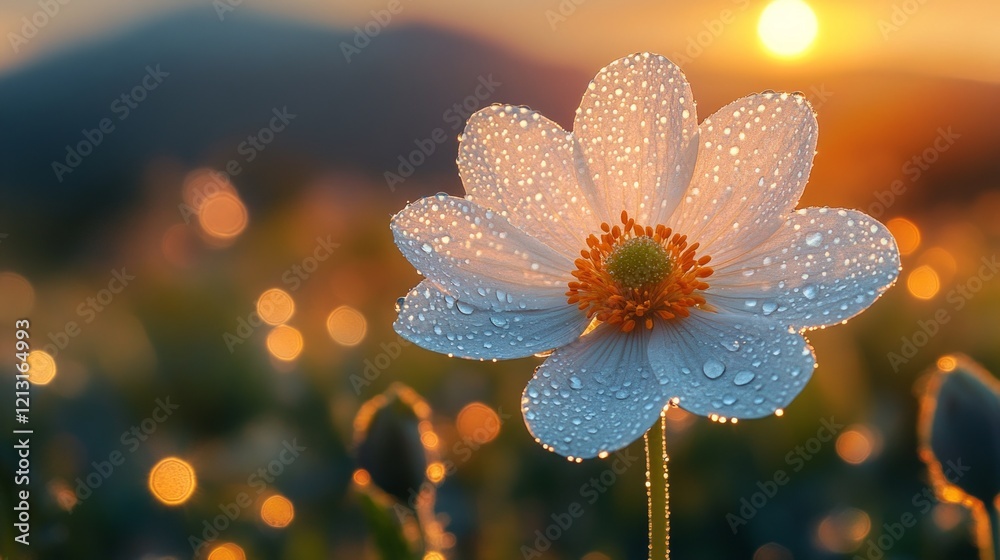 Fototapeta premium Dew-kissed white flower at sunrise with bokeh background