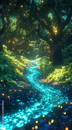 Wallpaper Mural Enchanting glowing fairytale forest landscape with a luminous stream sparkling fireflies and a serene dreamlike atmosphere  This magical whimsical scene evokes a sense of wonder adventure Torontodigital.ca
