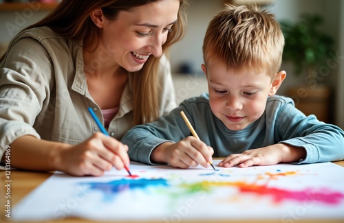 Young woman teacher helps boy with Down syndrome paint. Happily concentrating on colorful painting activity. Indoor lesson in classroom. Child showing happiness, concentration. Teacher guiding, photo