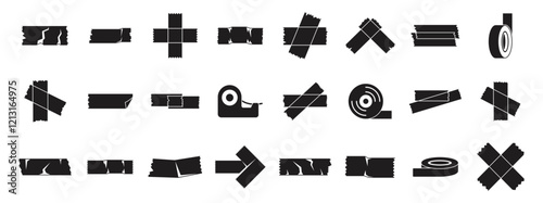 Duct tape icons set. Set of black duct tape strips in different positions, adhesive roller, and pieces for fixing and gluing
