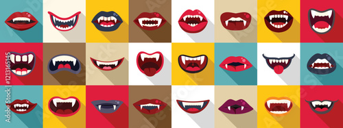 Vampire mouth icons set. Set of vampire lips showing fangs in various colors and styles