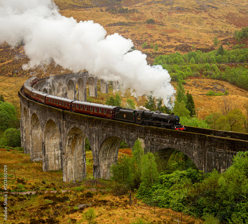 Fototapeta premium A Jacobite steam train travels over the Glenfinnan viaduct located in the Scottish Highlands. It is famous for being a location on the Harry Potter films as the Hogwarts Express.